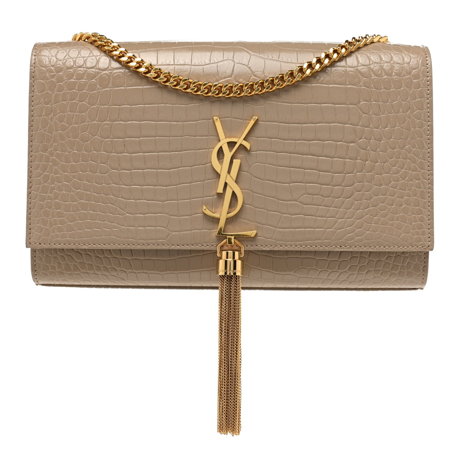 Saint Laurent Calfskin Crocodile Embossed Medium Classic Monogram Kate Tassel Satchel Dark Beige 1 of 10