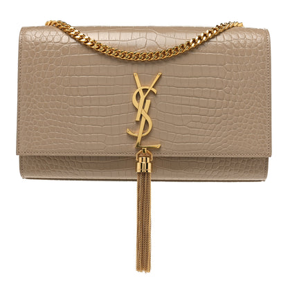 Saint Laurent Calfskin Crocodile Embossed Medium Classic Monogram Kate Tassel Satchel Dark Beige 1 of 10
