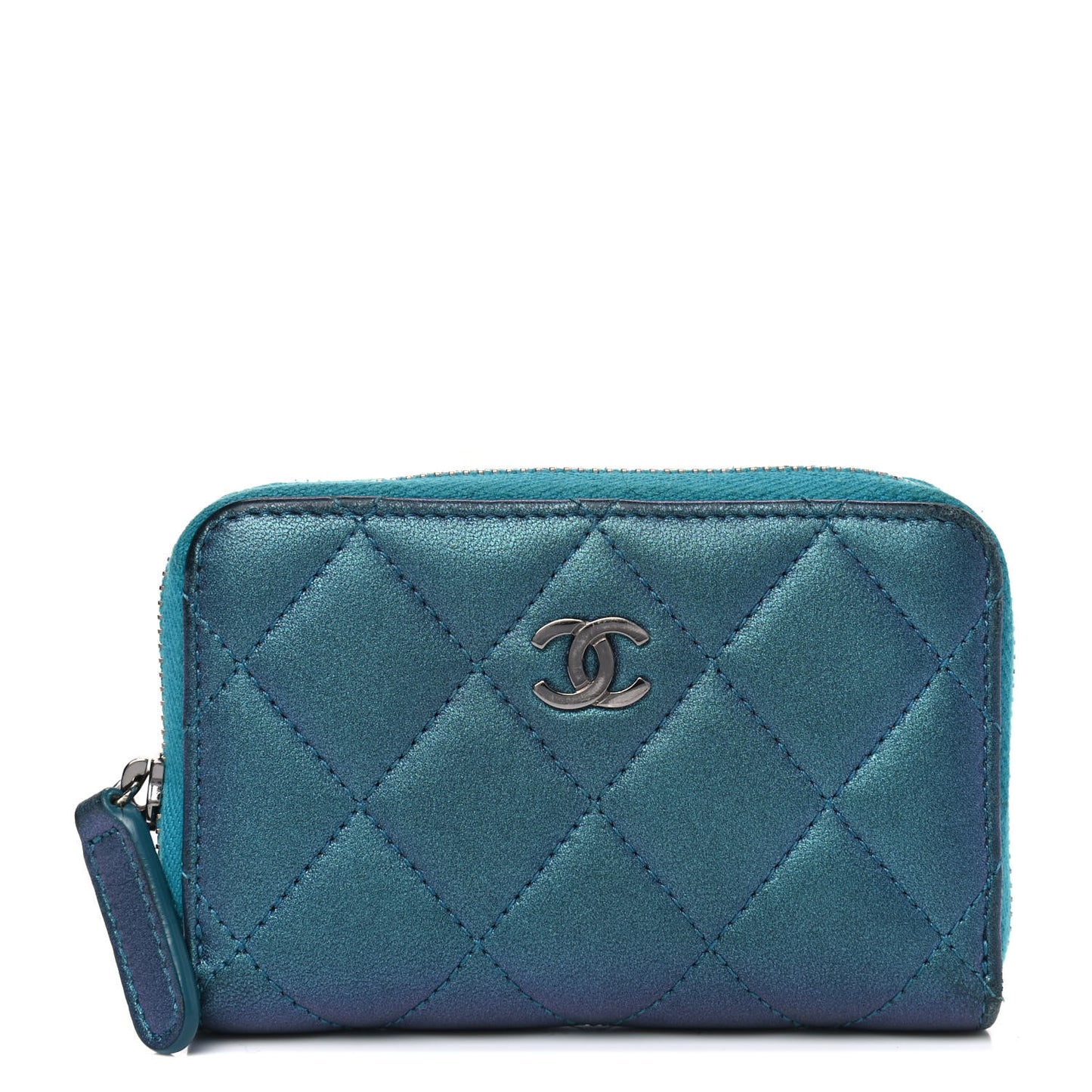 Metallic Lambskin Quilted Zip Around Coin Purse Wallet Turquoise