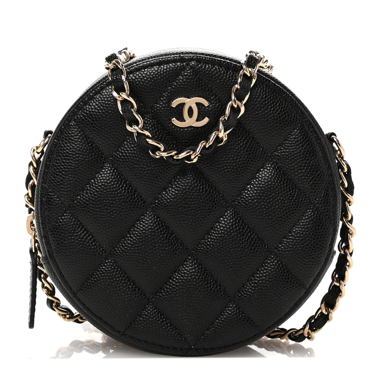 Caviar Quilted Round Clutch With Chain Black