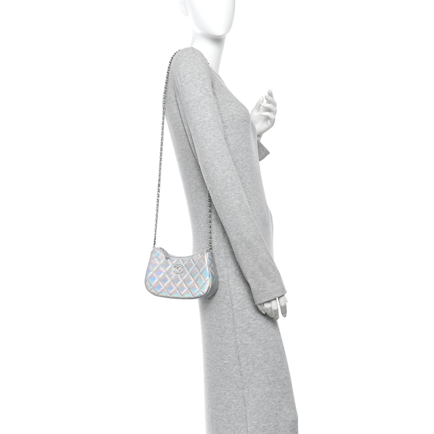 Iridescent Mirror Goatskin Quilted Clutch With Chain Silver