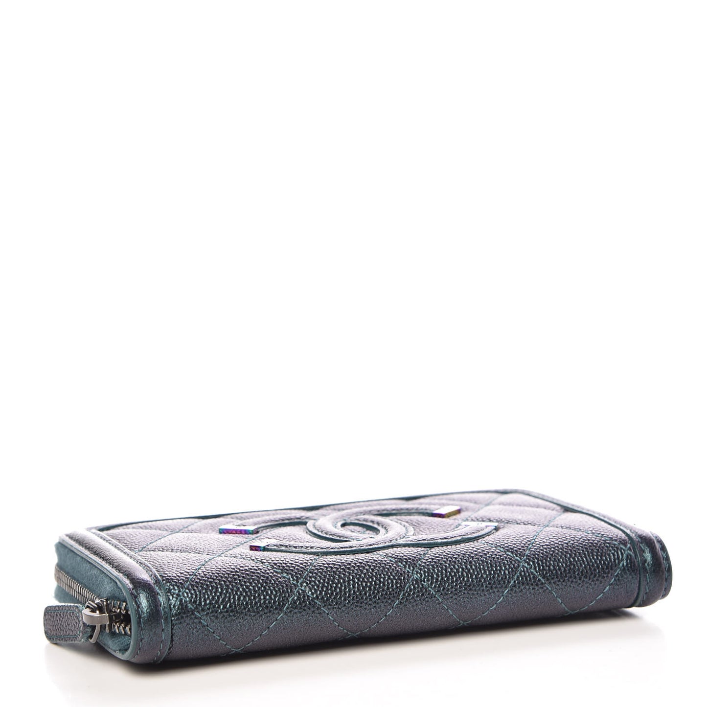 Iridescent Caviar Quilted Medium Filigree Zip Around Wallet Dark Turquoise
