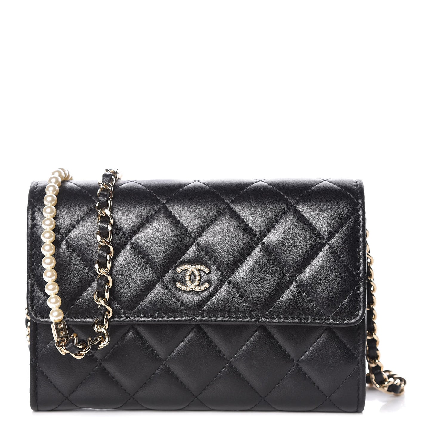 Lambskin Quilted Pearl Clutch With Chain Black