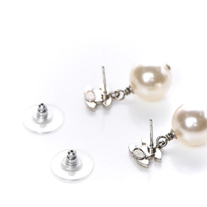 Chanel Crystal Pearl CC Drop Earrings Silver Pearly White 3 of 4