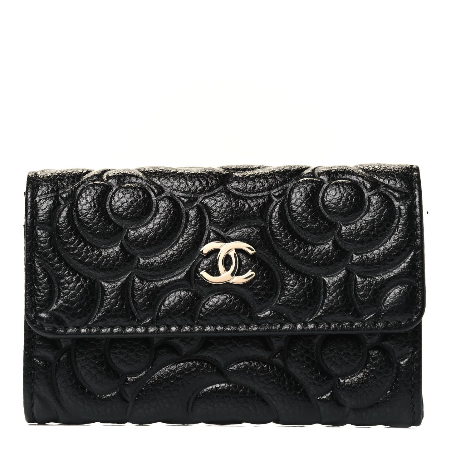 Caviar Camellia Embossed Card Holder Wallet Black