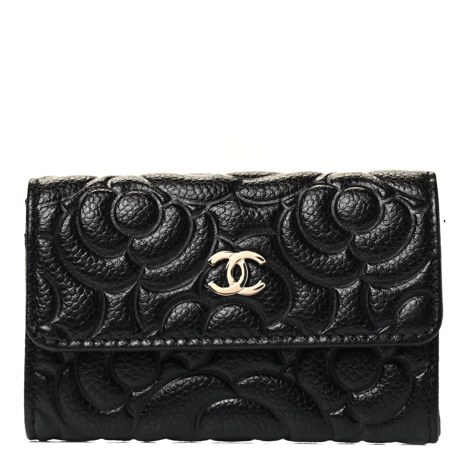 Chanel Caviar Camellia Embossed Card Holder Wallet Black 1 of 8