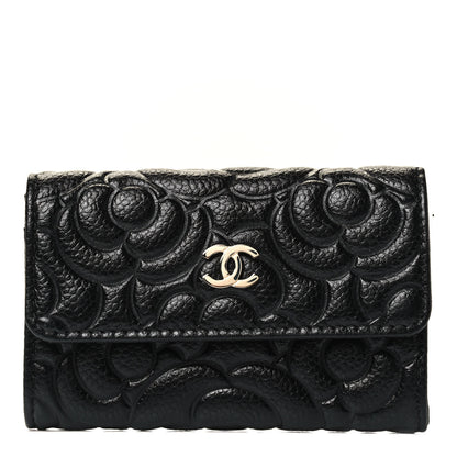 Chanel Caviar Camellia Embossed Card Holder Wallet Black 1 of 8