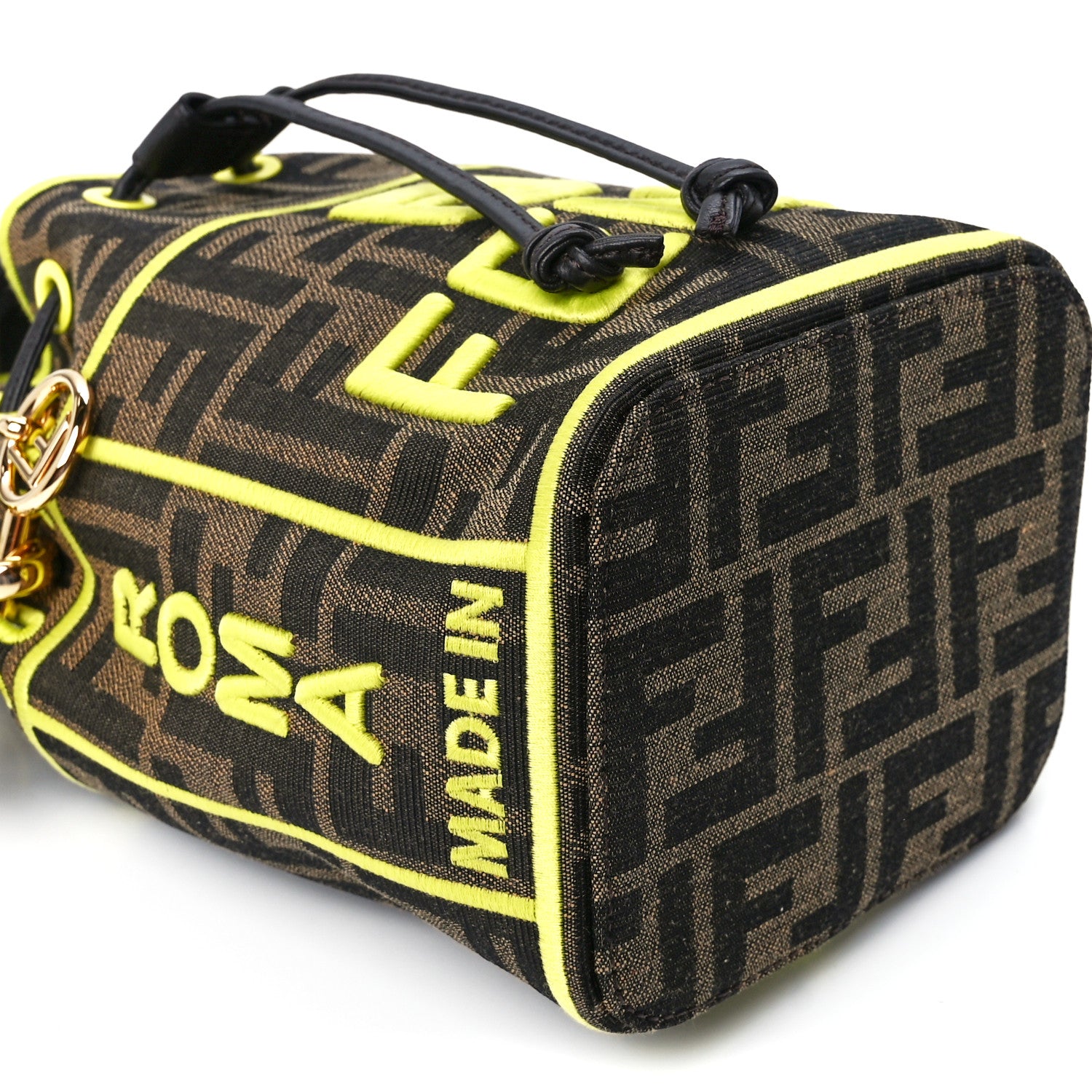 Fendi Fabric Jacquard Shiny Nappa FF 1974 Logo Threaded Edge Mini Mon Tresor Bucket Bag Tobacco Moro Giallo Fluo 11 of 12