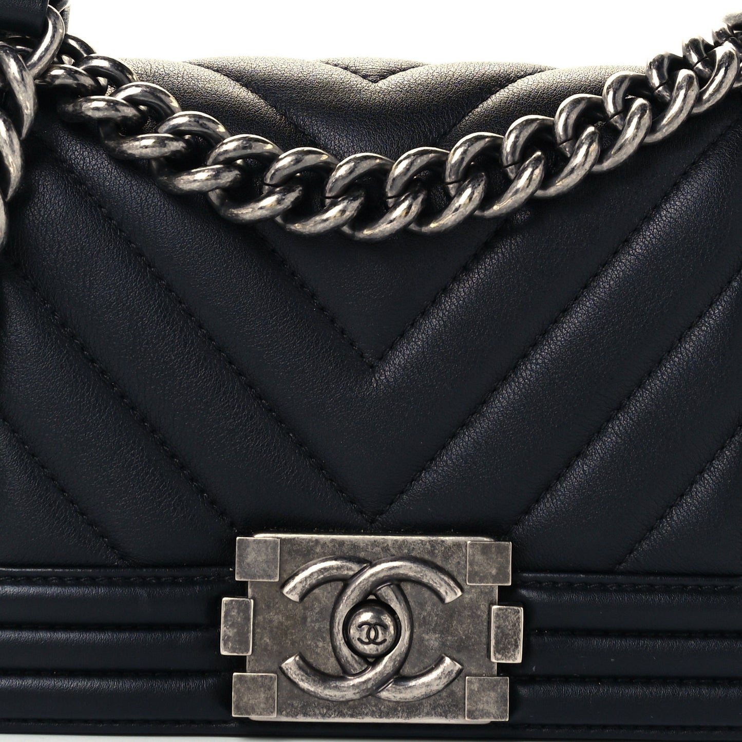 Calfskin Chevron Quilted Small Boy Flap Black