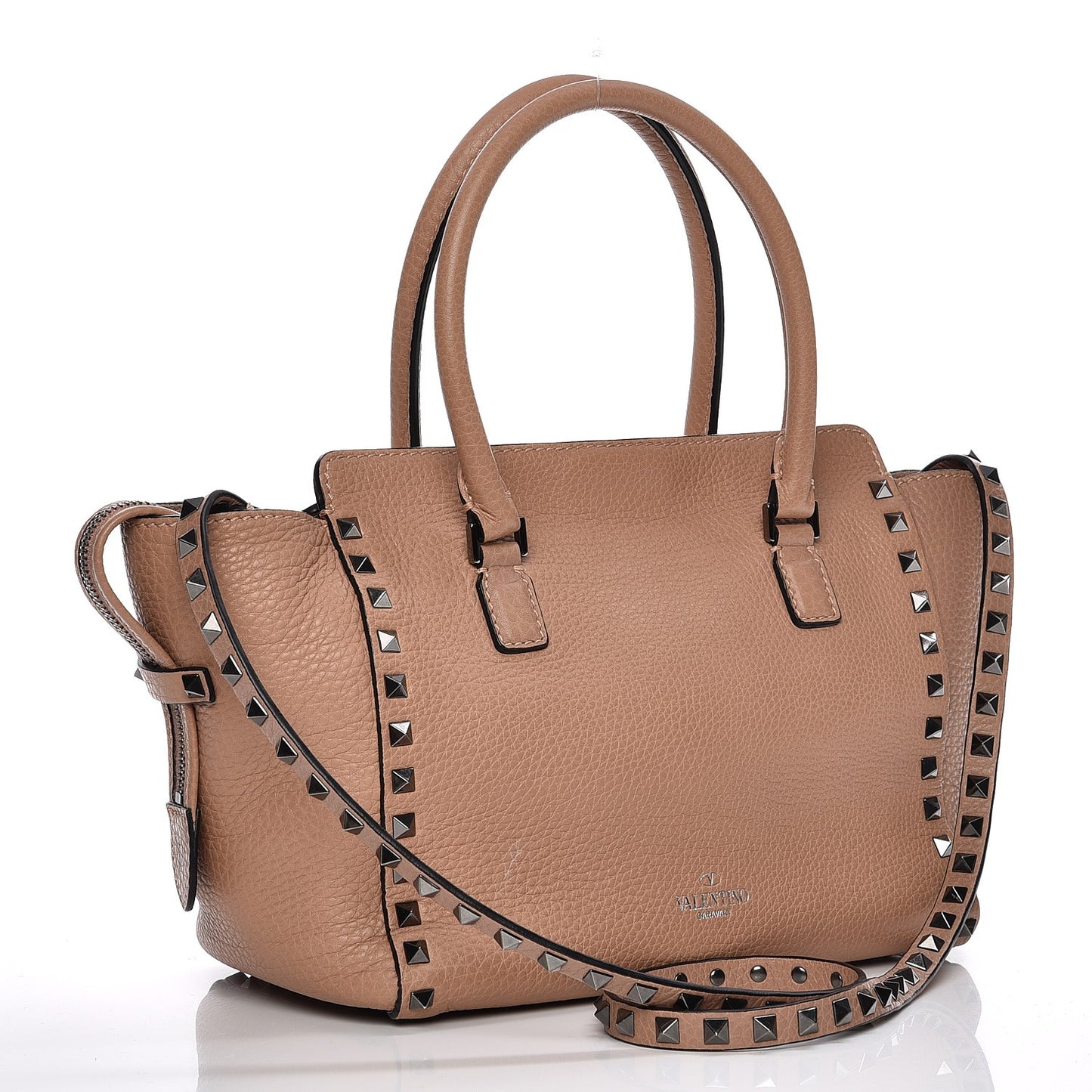 Pebbled Calfskin Small Rockstud Double Handle Tote Soft Noisette
