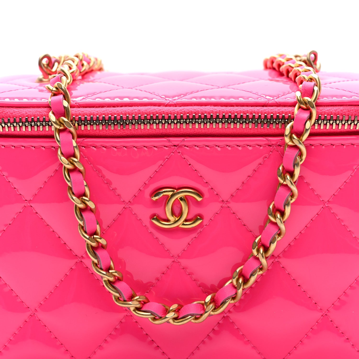 Chanel Patent Quilted Pearl Crush Small Vanity Case With Chain Neon Pink 8 of 10