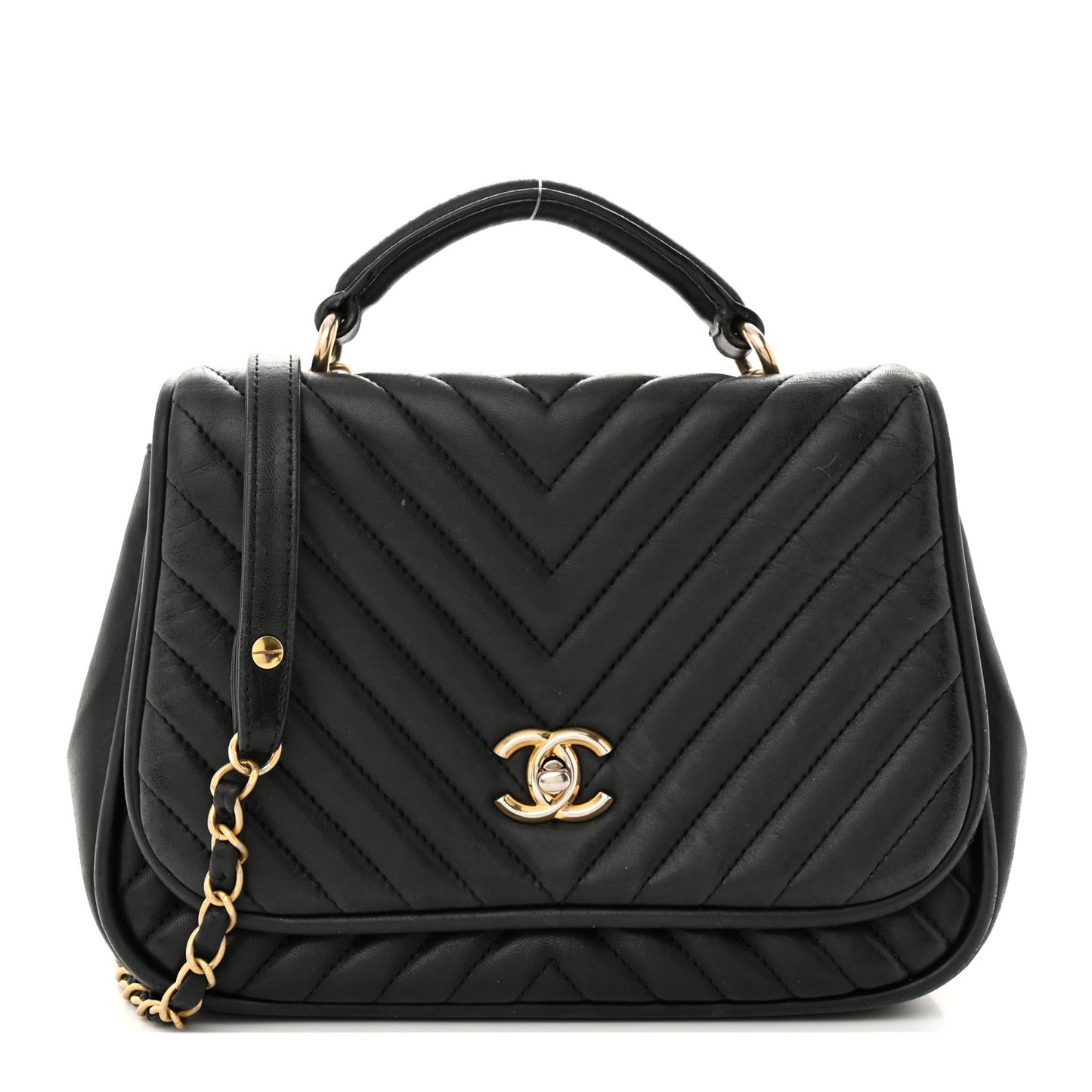Lambskin Reverse Chevron Quilted Round Top Handle Flap Black