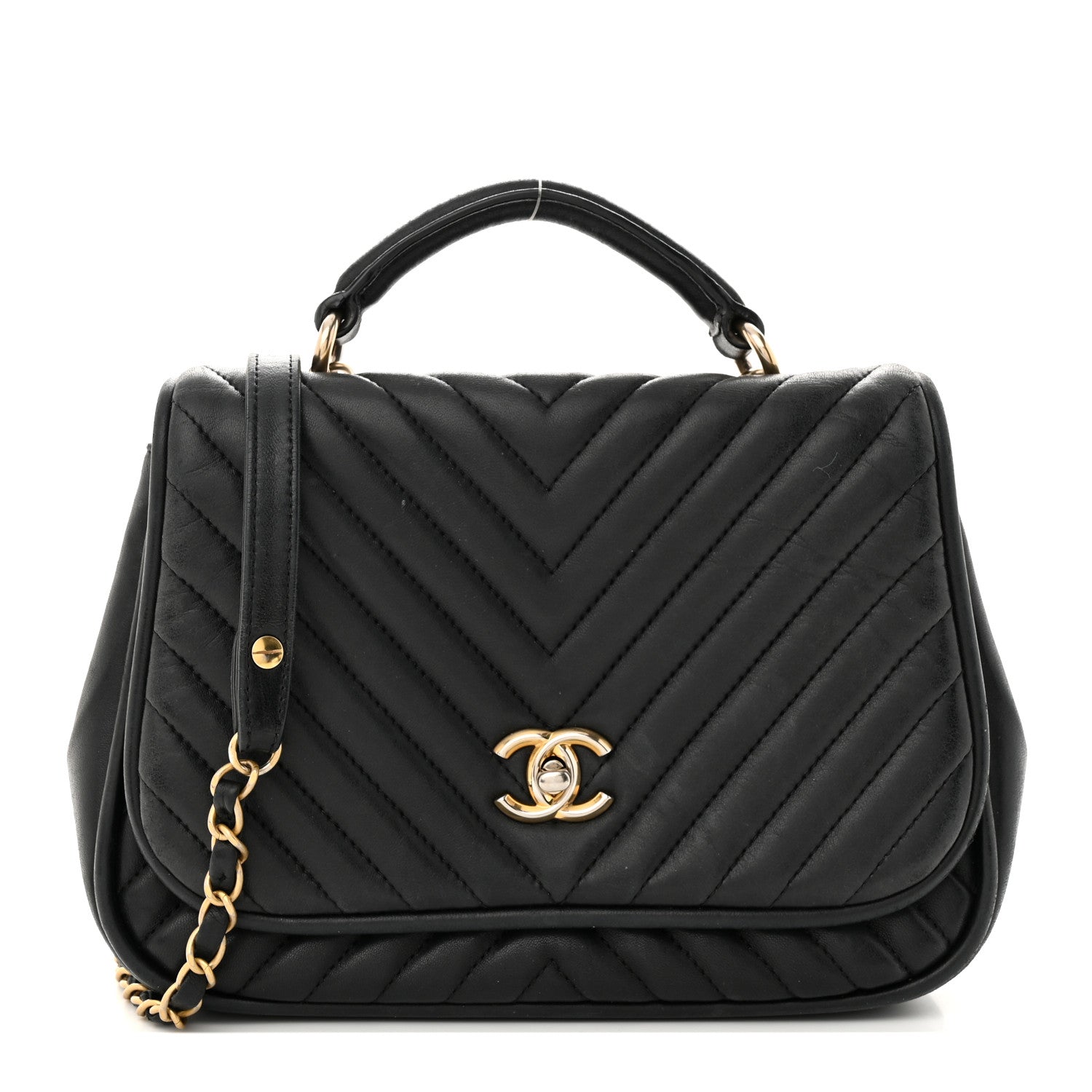 Chanel Lambskin Reverse Chevron Quilted Round Top Handle Flap Black 1 of 19