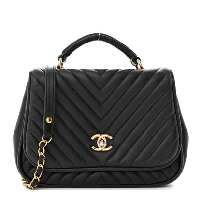 Chanel Lambskin Reverse Chevron Quilted Round Top Handle Flap Black 1 of 19