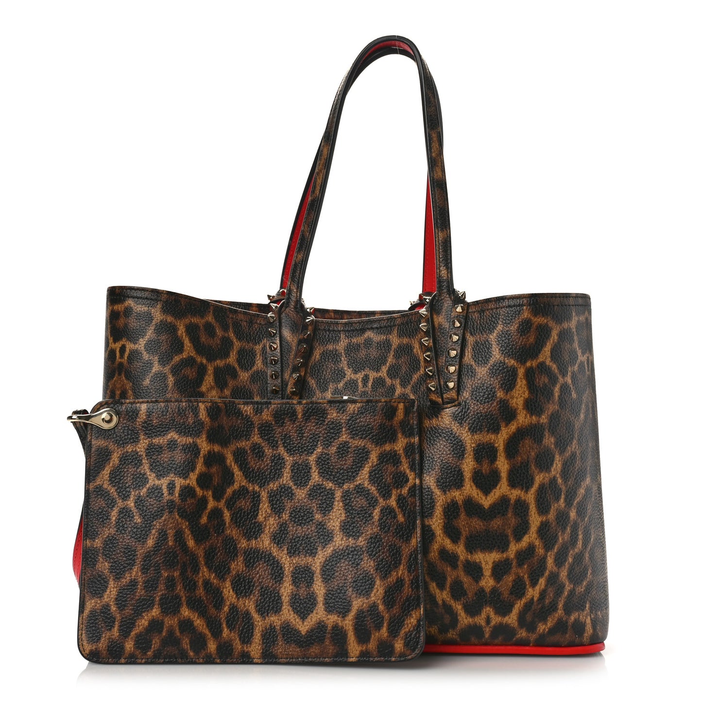 Calfskin Leopard Print Spikes East West Cabata Tote Brown