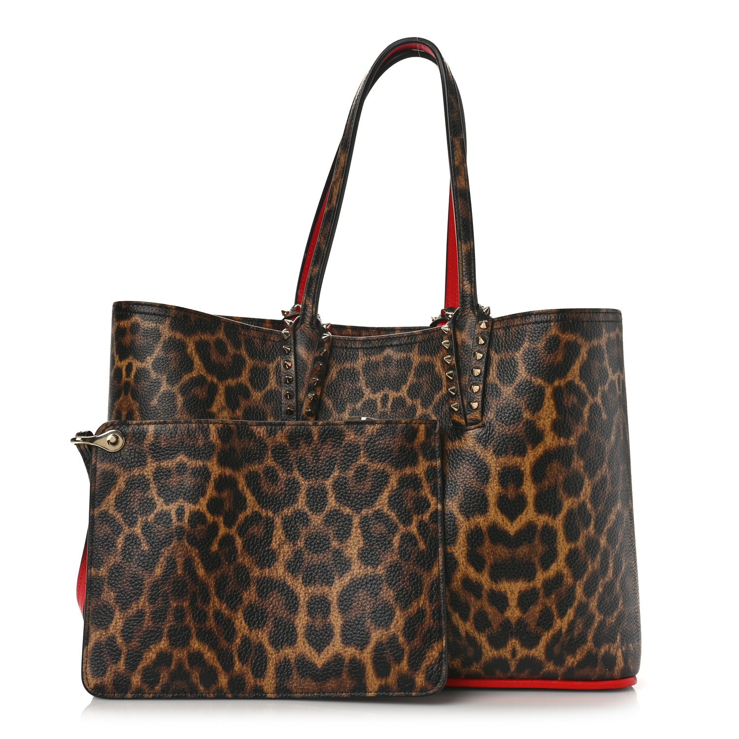 Christian Louboutin Calfskin Leopard Print Spikes East West Cabata Tote Brown 1 of 10