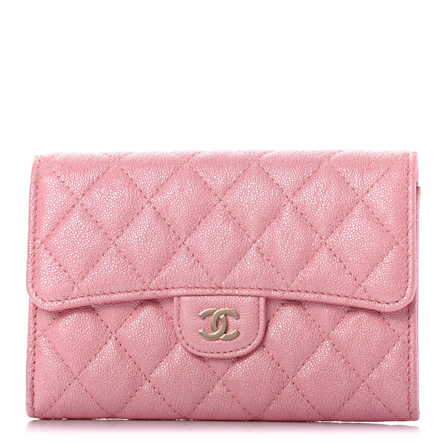 Iridescent Caviar Quilted Medium Flap Wallet Rose Pink