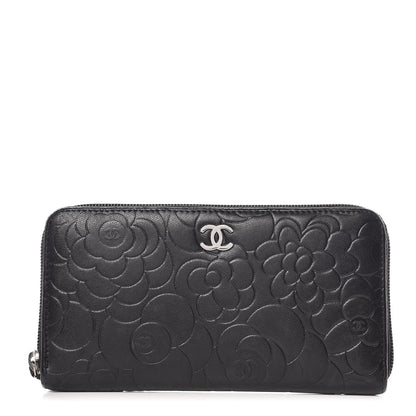 Chanel Lambskin Camellia Embossed Large Zip Around Gusset Wallet Black 1 of 10