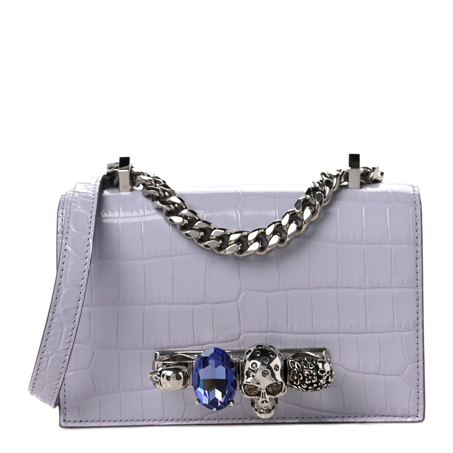 Shiny Crocodile Embossed Jeweled Satchel Lavender