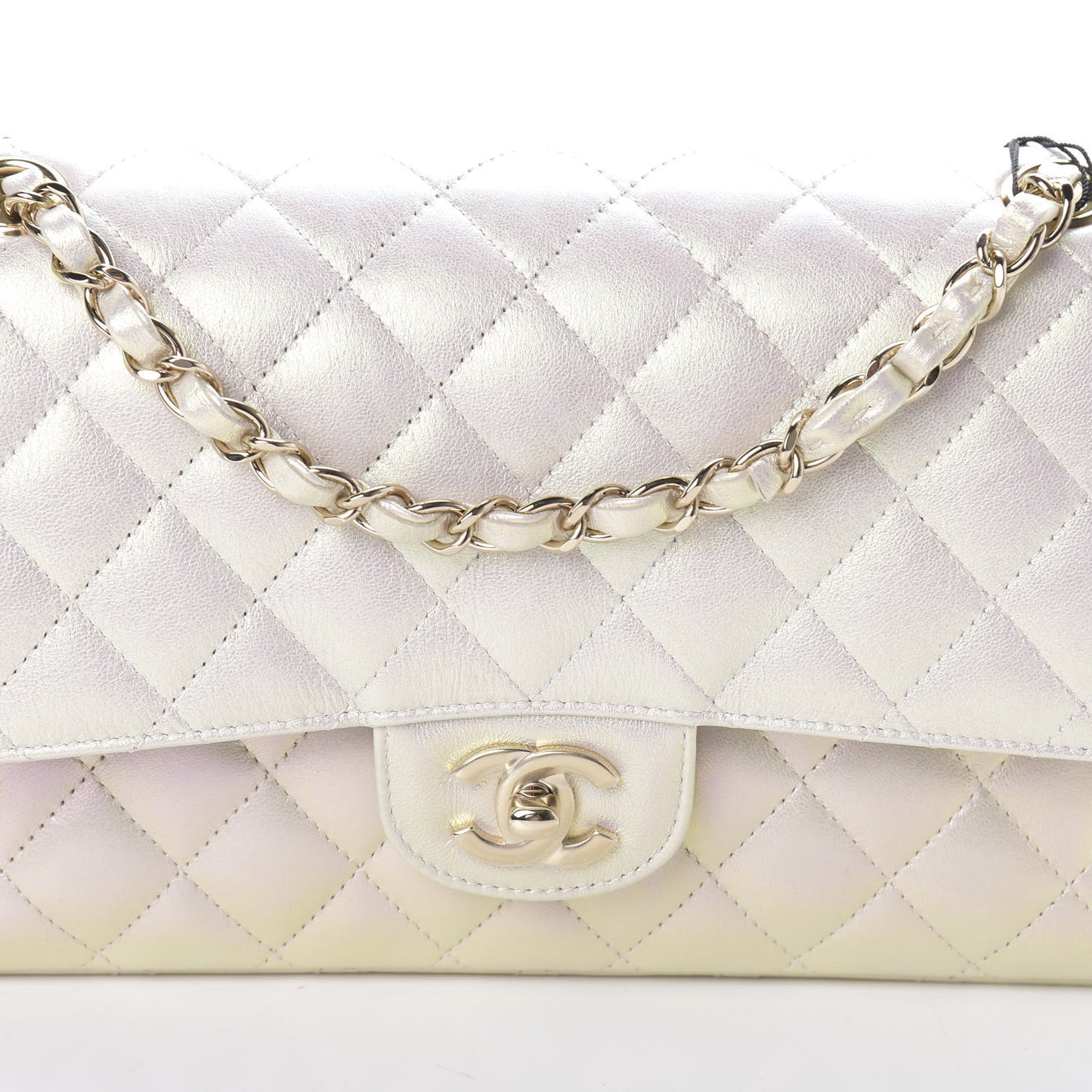 Iridescent Lambskin Quilted Medium Double Flap Ivory