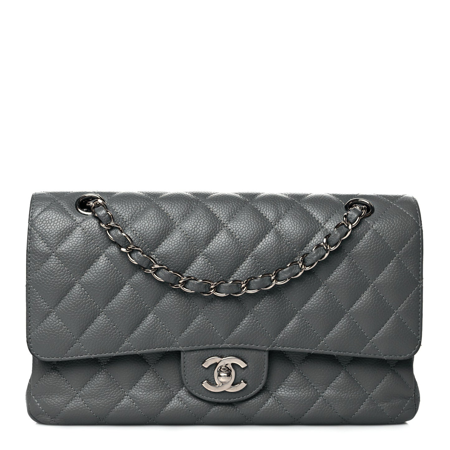 Caviar Quilted Medium Double Flap Grey