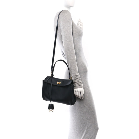 Natural Smooth Calfskin Small Rodeo Top Handle Handbag Black