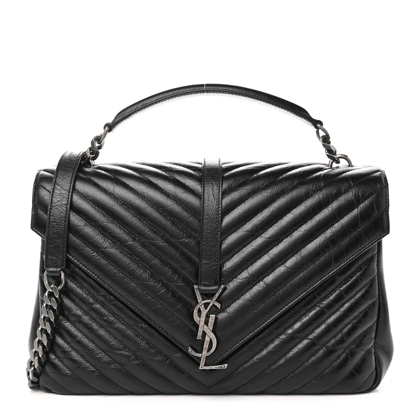 Cracked Shiny Calfskin Matelasse Chevron Monogram Large College Satchel Black