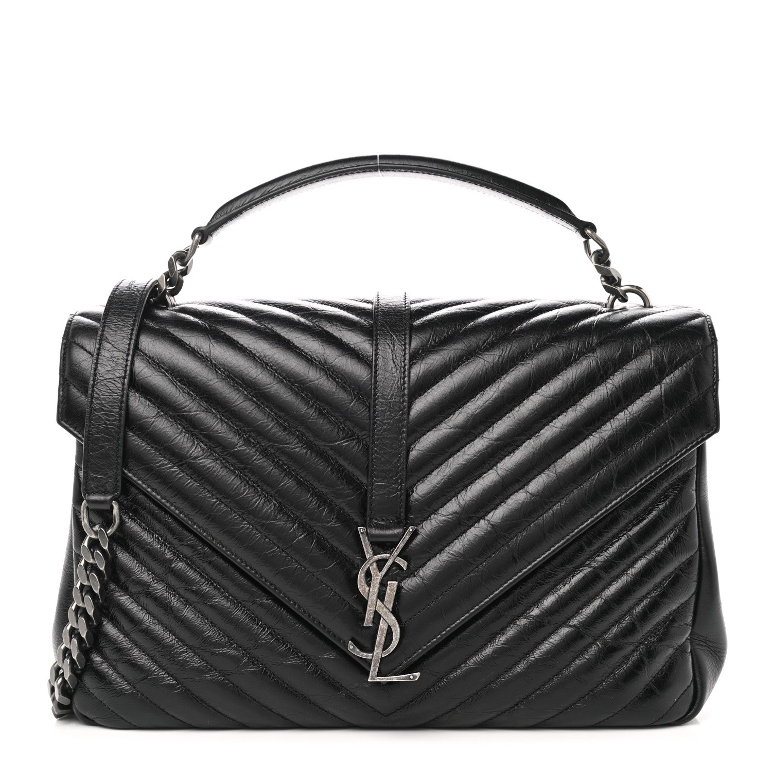 Saint Laurent Cracked Shiny Calfskin Matelasse Chevron Monogram Large College Satchel Black 1 of 9