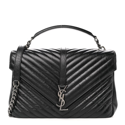 Saint Laurent Cracked Shiny Calfskin Matelasse Chevron Monogram Large College Satchel Black 1 of 10
