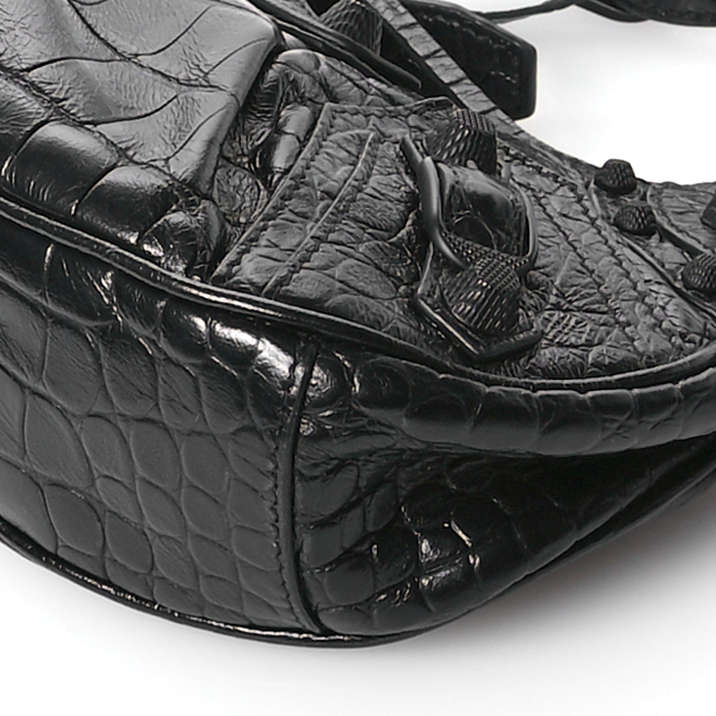 Extra Supple Calfskin Crocodile Embossed Monochrome Le Cagole Shoulder Bag XS Black