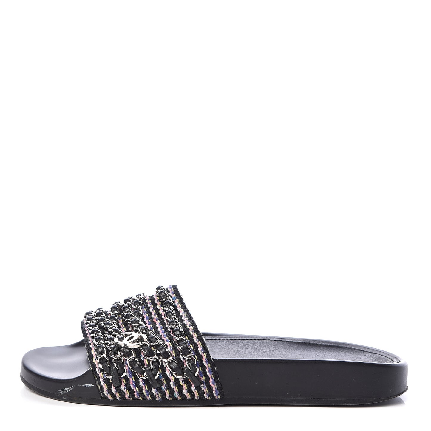 Tweed Lambskin Chain Flat Sandals 38 Black Multicolor