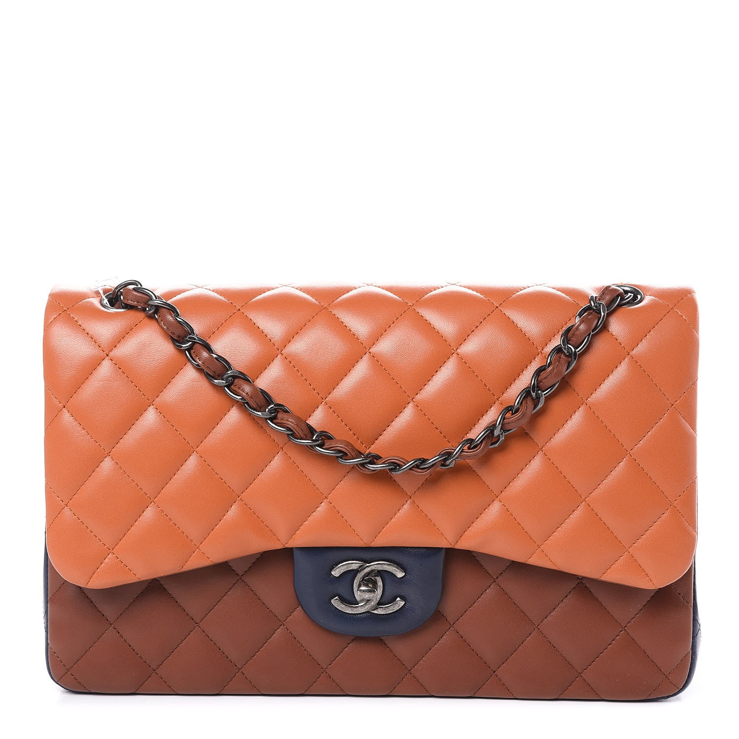 Chanel Lambskin Quilted Jumbo Tri-Color Double Flap Orange Camel Navy 1 of 9
