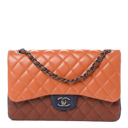 Chanel Lambskin Quilted Jumbo Tri-Color Double Flap Orange Camel Navy 1 of 9