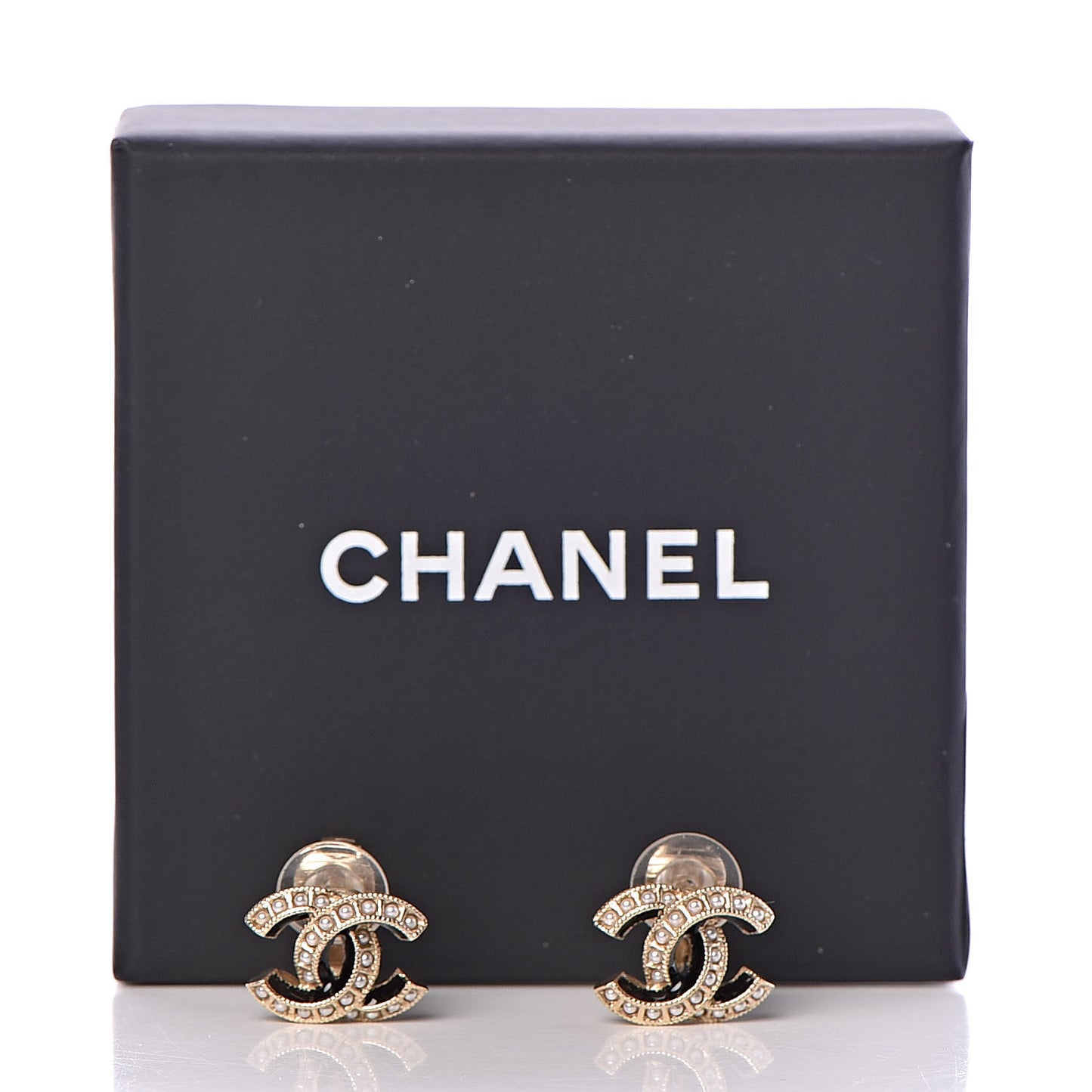 Metal Pearl Enamel CC Clip On Earrings Gold Black