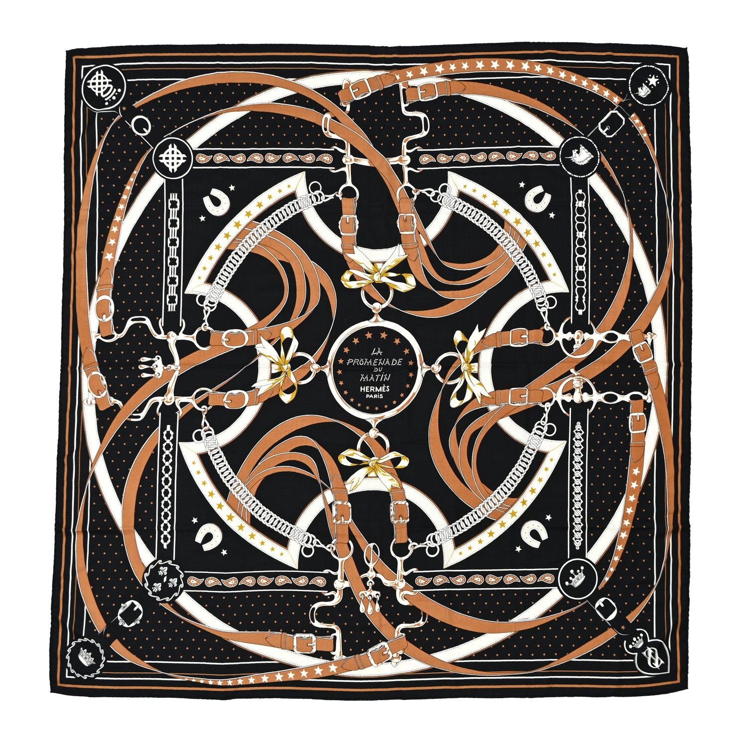 Hermes Cashmere Silk La Promenade du Matin Bandana Shawl 140 Black Noisette Gold 1 of 10