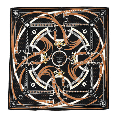 Hermes Cashmere Silk La Promenade du Matin Bandana Shawl 140 Black Noisette Gold 1 of 10