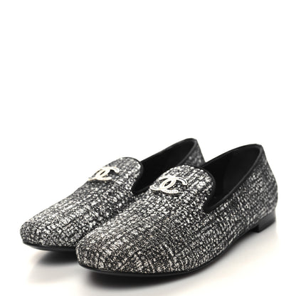 Chanel Fantasy Fabric Grosgrain CC Mocassin Loafers 36.5 Silver Black 3 of 11
