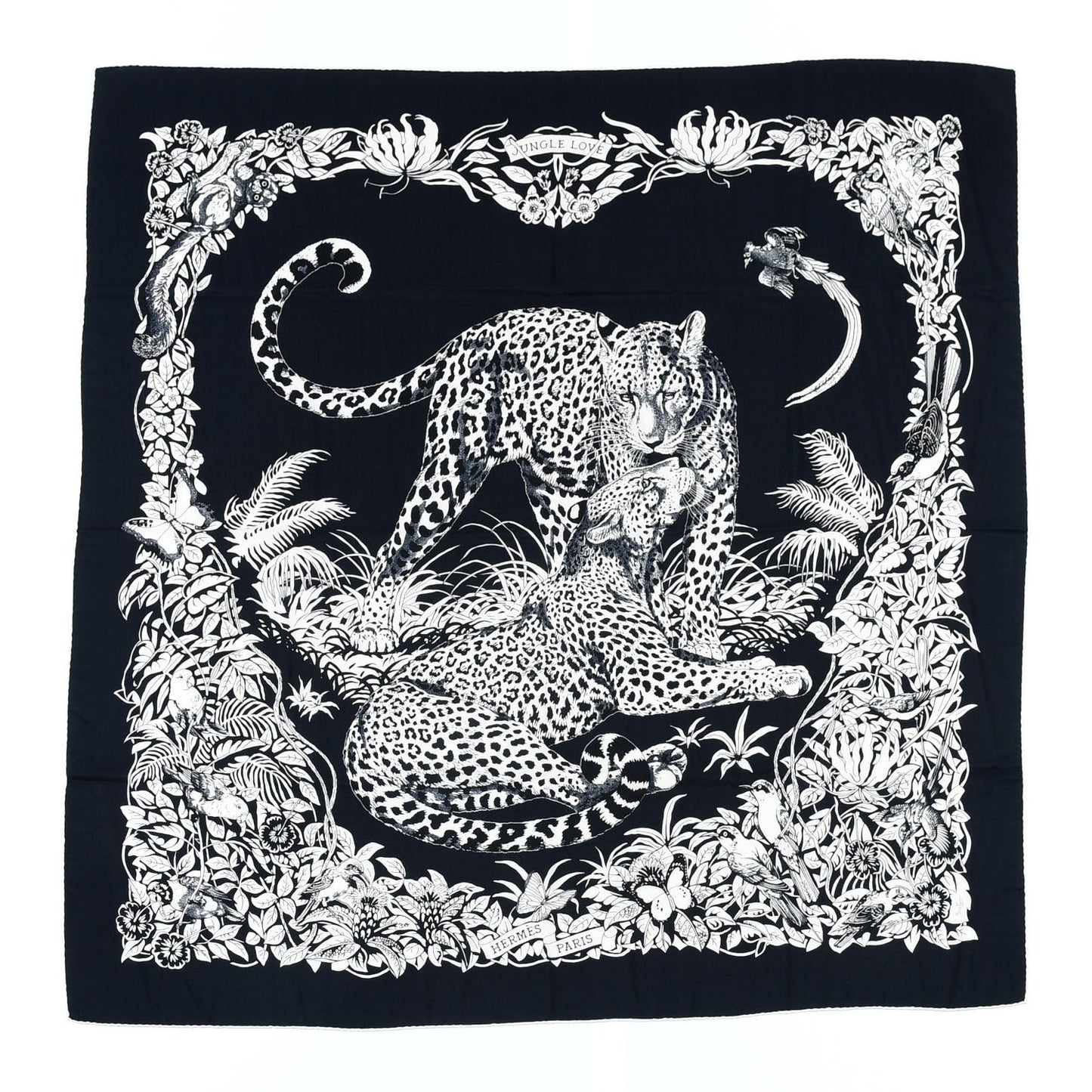 Cashmere Silk Jungle Love Tattoo Shawl 140 Bleu Black White