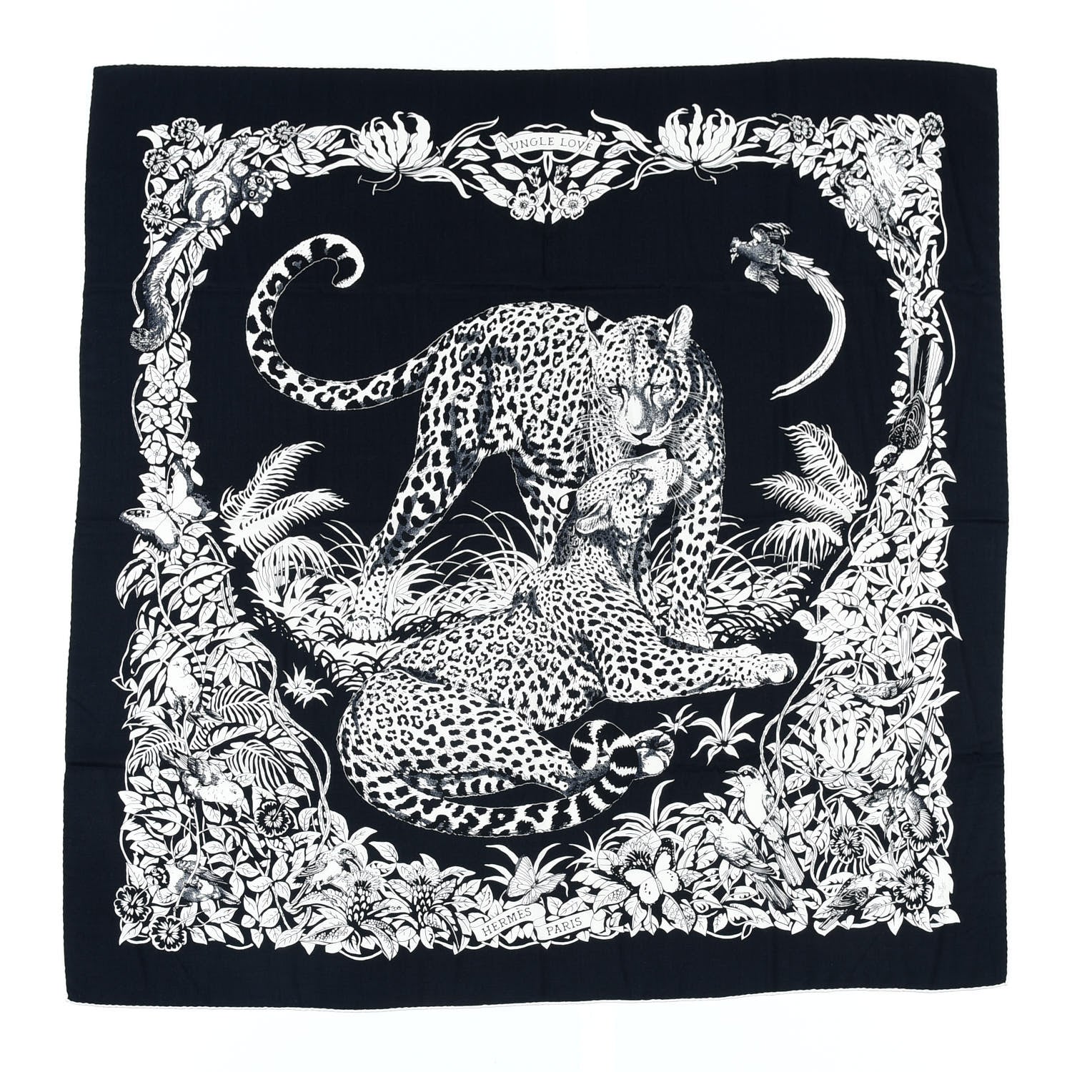 Hermes Cashmere Silk Jungle Love Tattoo Shawl 140 Bleu Black White 1 of 7