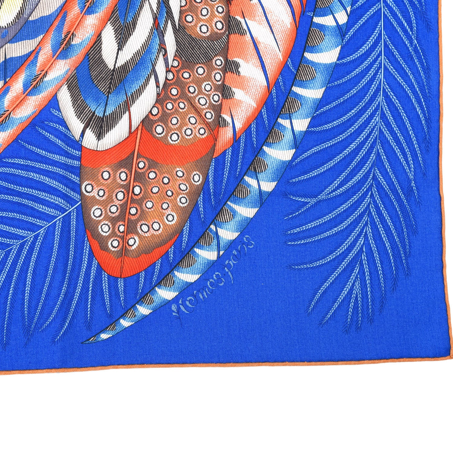 Hermes Cashmere Silk Plumes En Fete Shawl 140 Bleu Roy Jaune Rouge 3 of 7