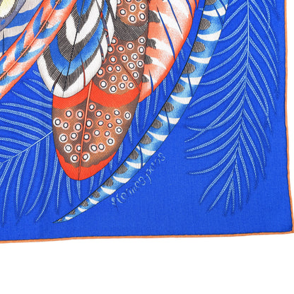 Hermes Cashmere Silk Plumes En Fete Shawl 140 Bleu Roy Jaune Rouge 3 of 7
