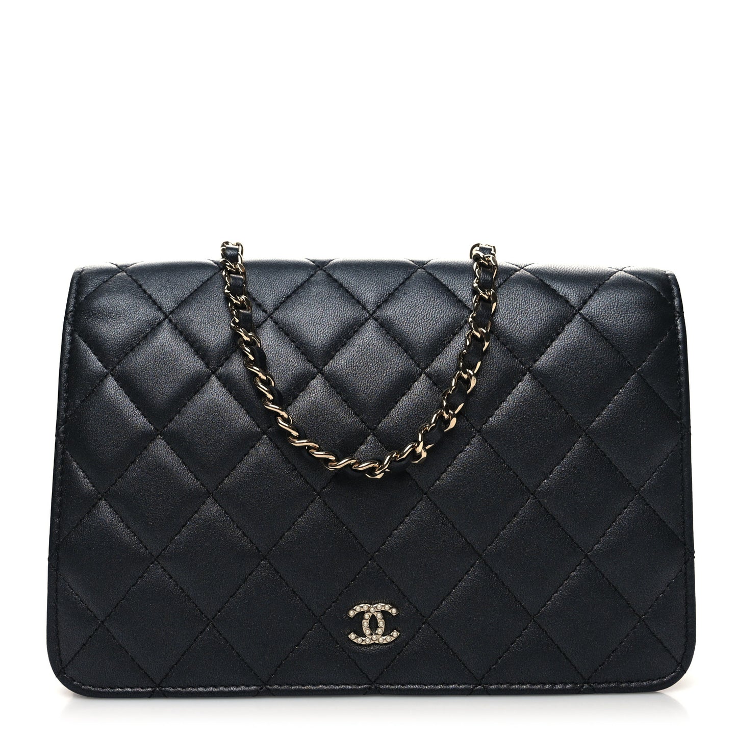 Iridescent Lambskin Quilted Pearl Wallet On Chain WOC Black