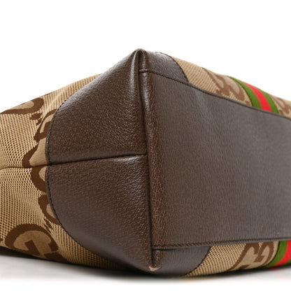 Gucci Monogram Jumbo GG Textured Dollar Calfskin Web Medium Ophidia Shopping Tote Camel Ebony 9 of 10