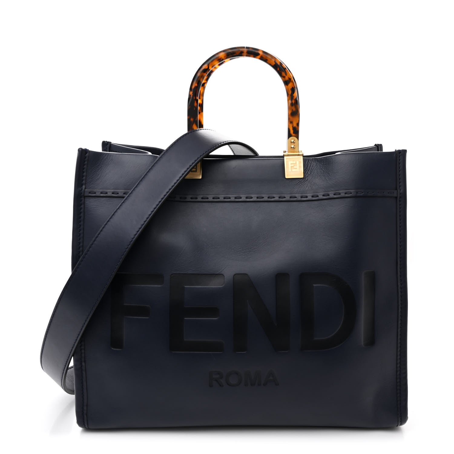 Fendi Vitello King Plexiglass Logo Embossed Medium Fendi Sunshine Shopper Tote Midnight 1 of 10