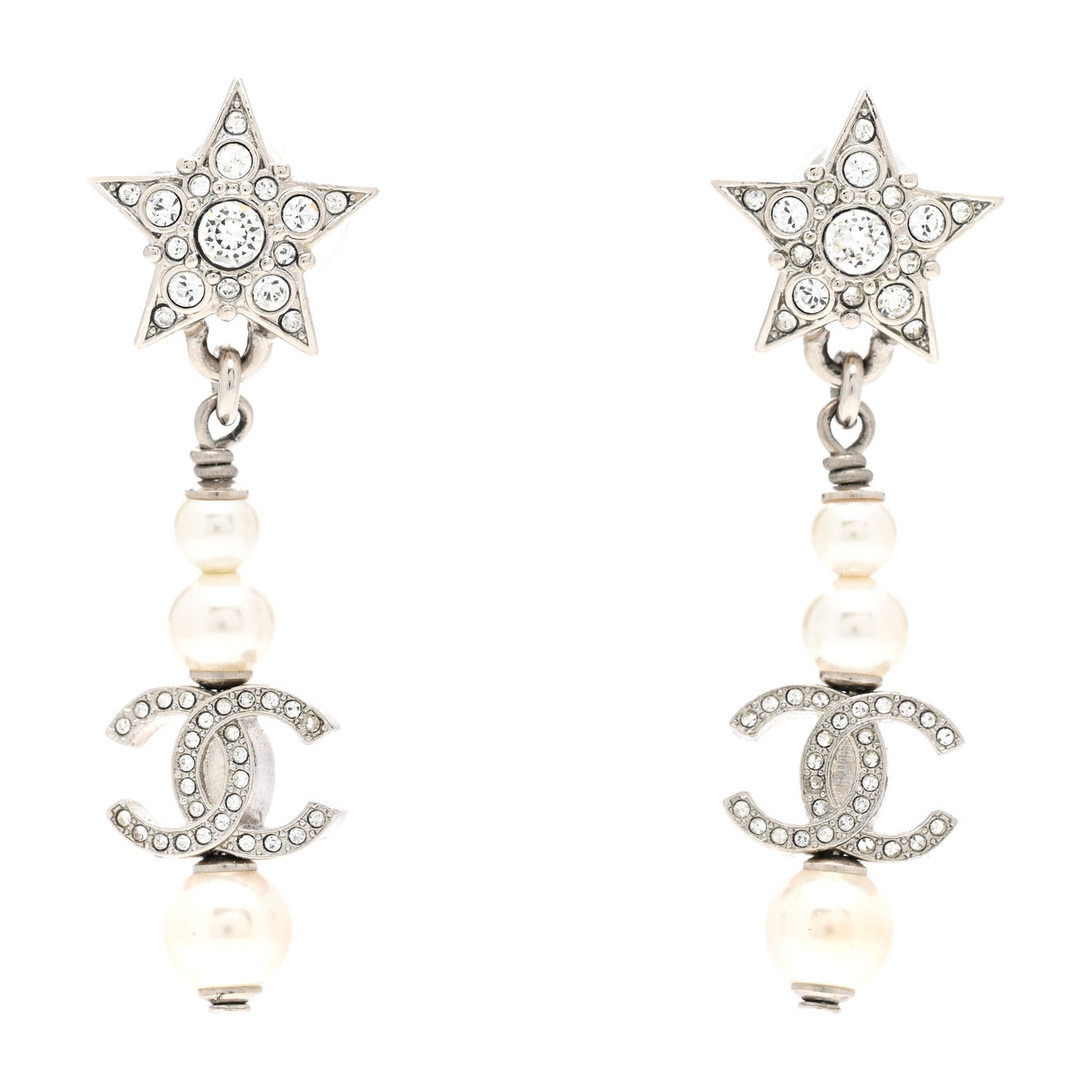 Crystal Pearl CC Star Drop Earrings Silver