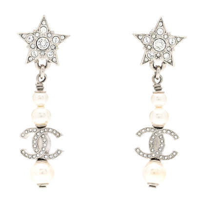 Chanel Crystal Pearl CC Star Drop Earrings Silver 1 of 4
