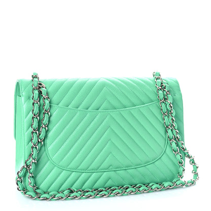 Chanel Caviar Chevron Quilted Jumbo Double Flap Green 2 of 8