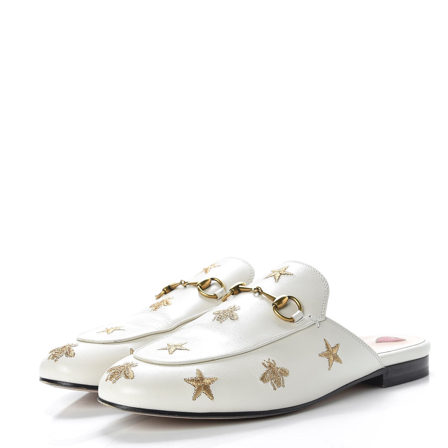 Goatskin Bee Star Embroidered Womens Princetown Slippers 38.5 Mystic White