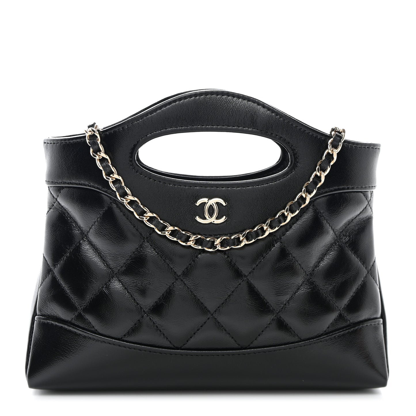 Shiny Crumpled Calfskin Quilted Nano 31 Shopping Bag Black