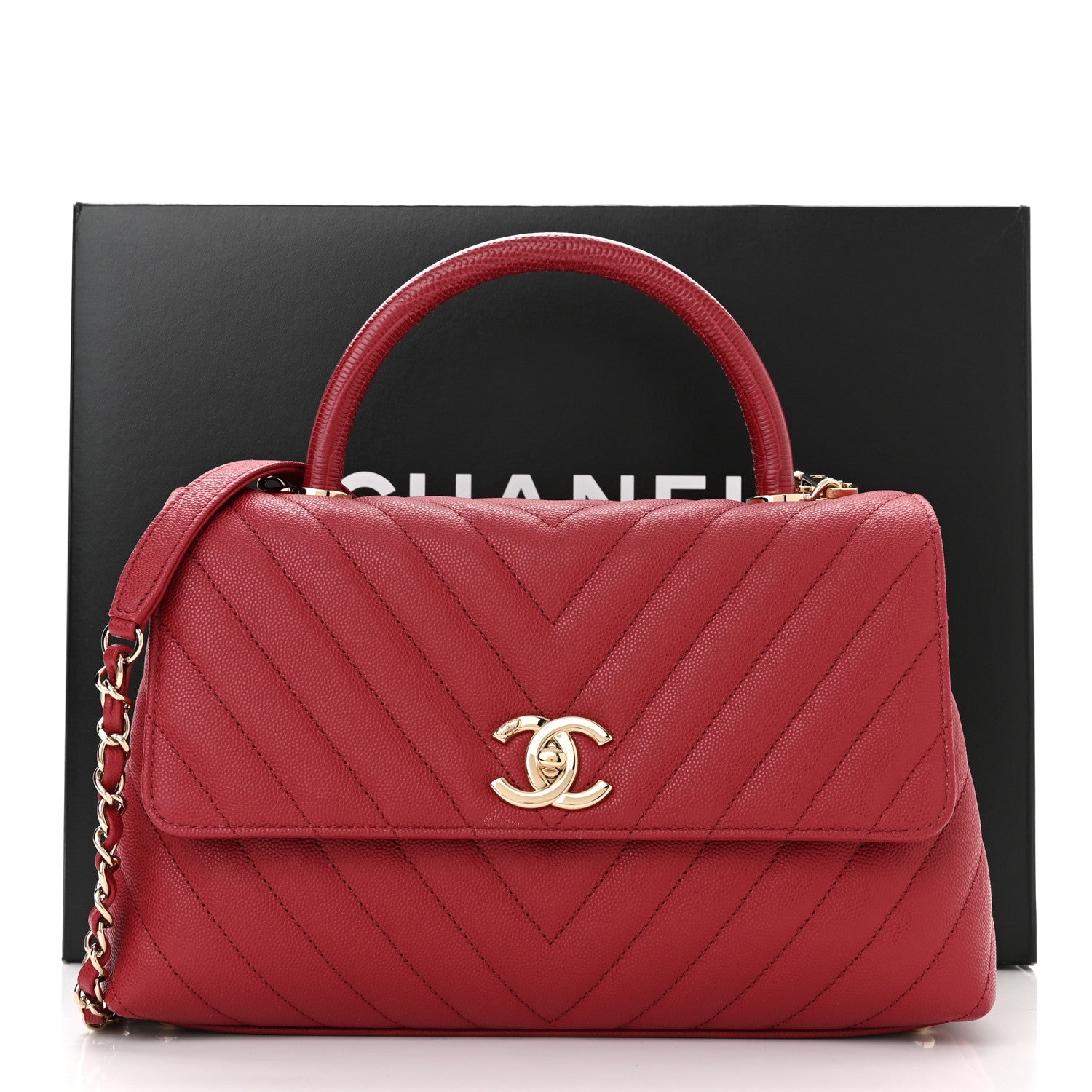Chanel Caviar Lizard Embossed Chevron Quilted Small Coco Handle Flap Red 11 of 11